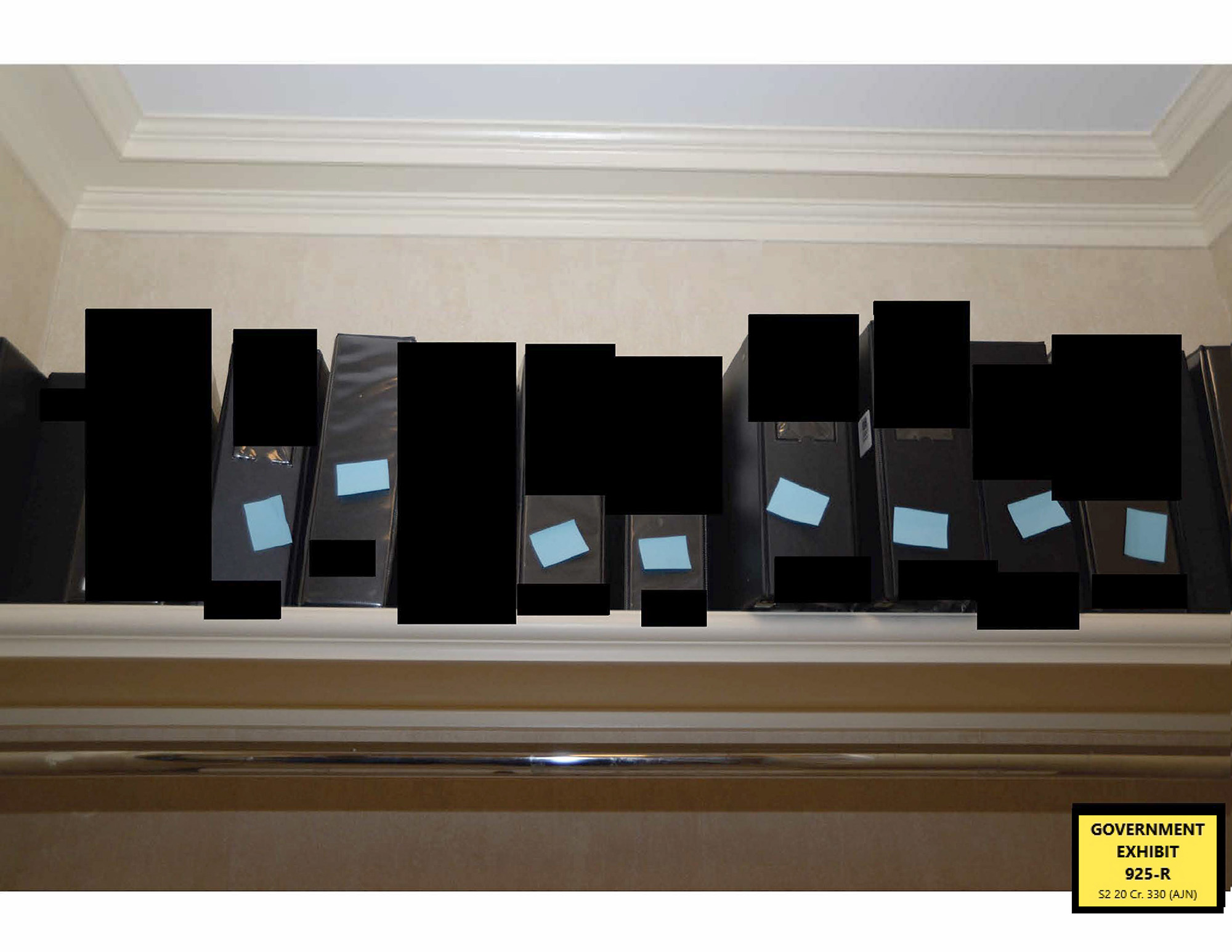 Epstein black binders containing part of the extensive CD collection Manhattan Federal Ghislaine Maxwell trial evidence exhibits. Jeffrey Epstein's UES New York City home. Police raid images. The black binders containing part of the extensive CD collection.