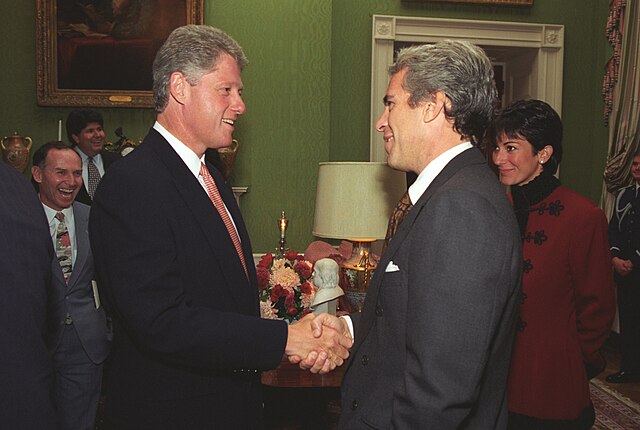 This picture was taken on Sept. 29, 1993. Epstein and Maxwell were photographed speaking with Clinton after the president made remarks at an event for donors to the White House restoration project.