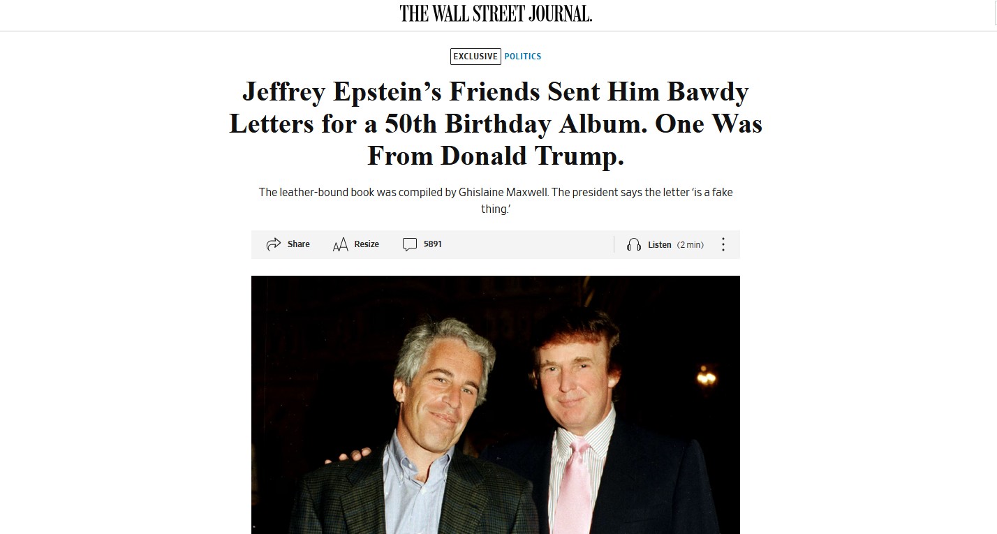 wall street journal has trump cartoon and note to epstein