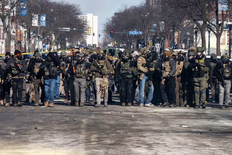 ICE and Border Patrol agents on Nicollet Avenue on January 24, 2026. This follows the shooting death of Minneapolis resident Alex Pretti. Pretti is the second person killed and third person shot by federal agents in Minneapolis this month. Date 24 January 2026, 11:42:57