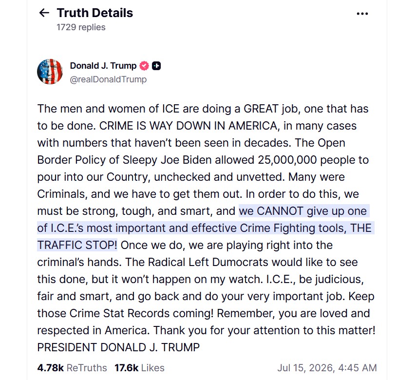 truth social post ice traffic stops
